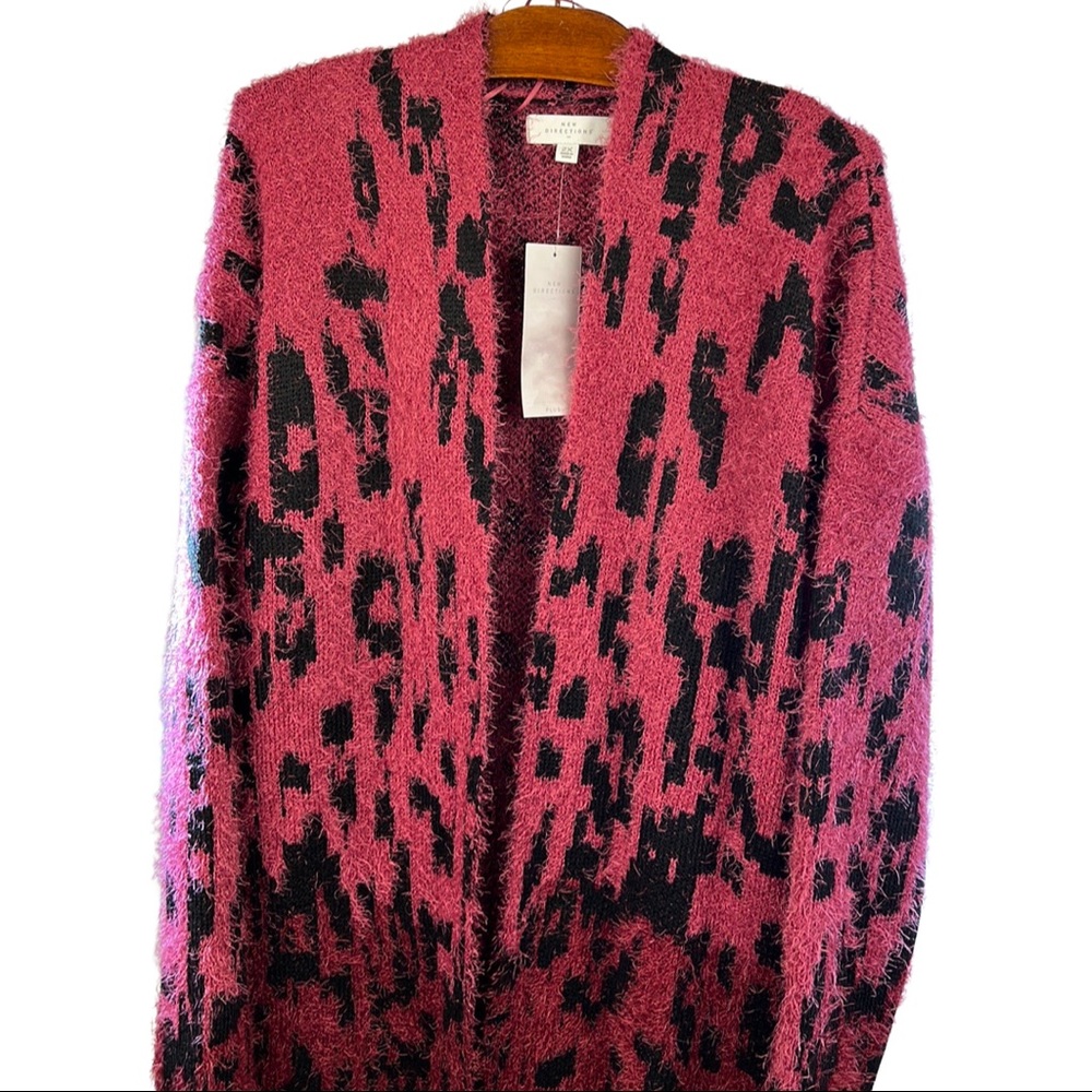 New Directions, Long Cardigan Sweater in an Animal Print light to deep wine